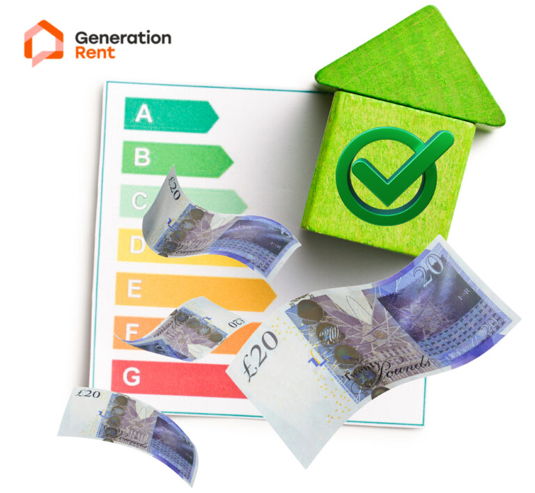 Uk cash and a green house with a tick against an EPC report in the background