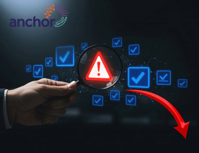 digital ticks and a hazard sign with a own arrow and the Anchor social housing logo