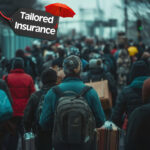 many asylum seekers walking away with a label saying Tailored insurance and a red umbrella on top