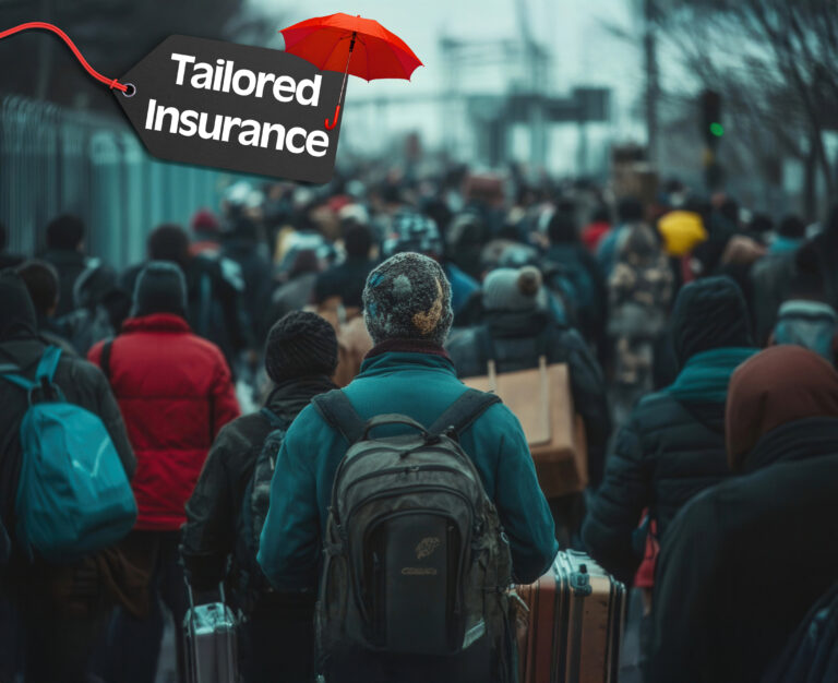 many asylum seekers walking away with a label saying Tailored insurance and a red umbrella on top