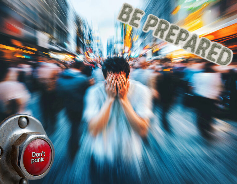 a man with his head in his hands in a large crowd, with a big red button saying don't panic.