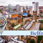 Photo of Belfast city centre with location pin and the text Belfast.