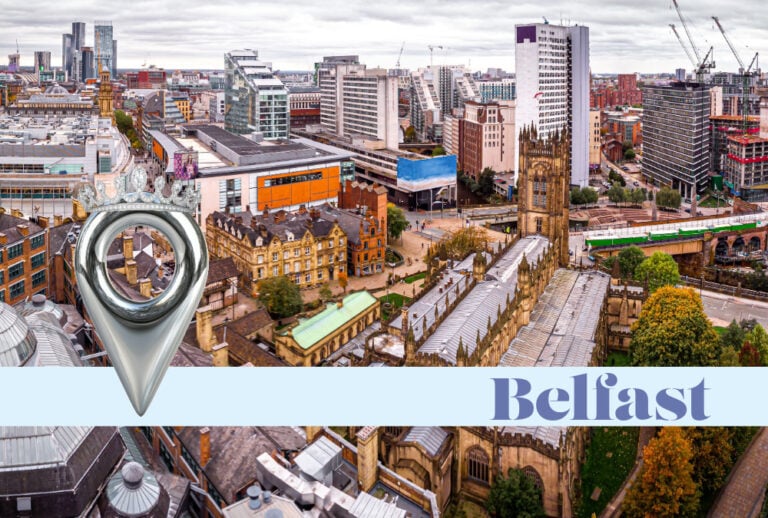 Photo of Belfast city centre with location pin and the text Belfast.