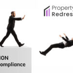 Businessman pushing another businessman off a white box ledge with the words non compliance