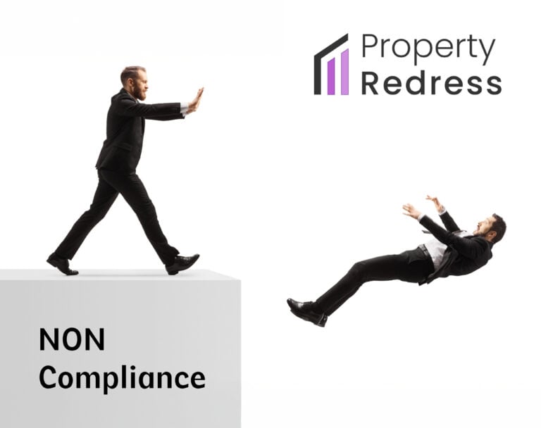 Businessman pushing another businessman off a white box ledge with the words non compliance