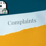 An envelope with a complaints paper and a graphic with a tax document and house