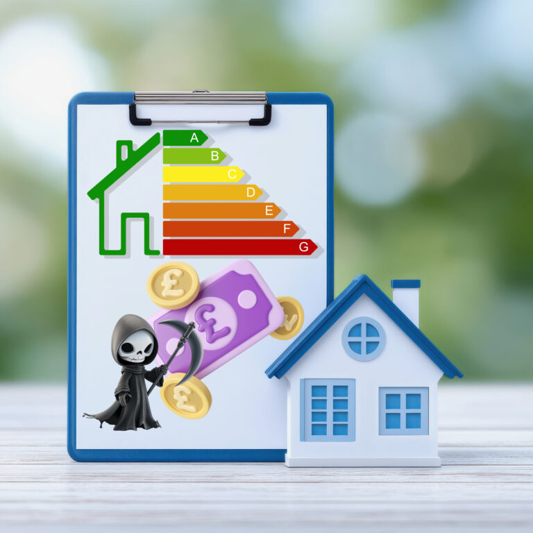house with a clipboard and EPC energy rating with money and a death sign