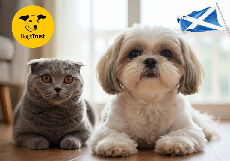 A dog and a cat alongside the Scottish flag and Dog trust logo