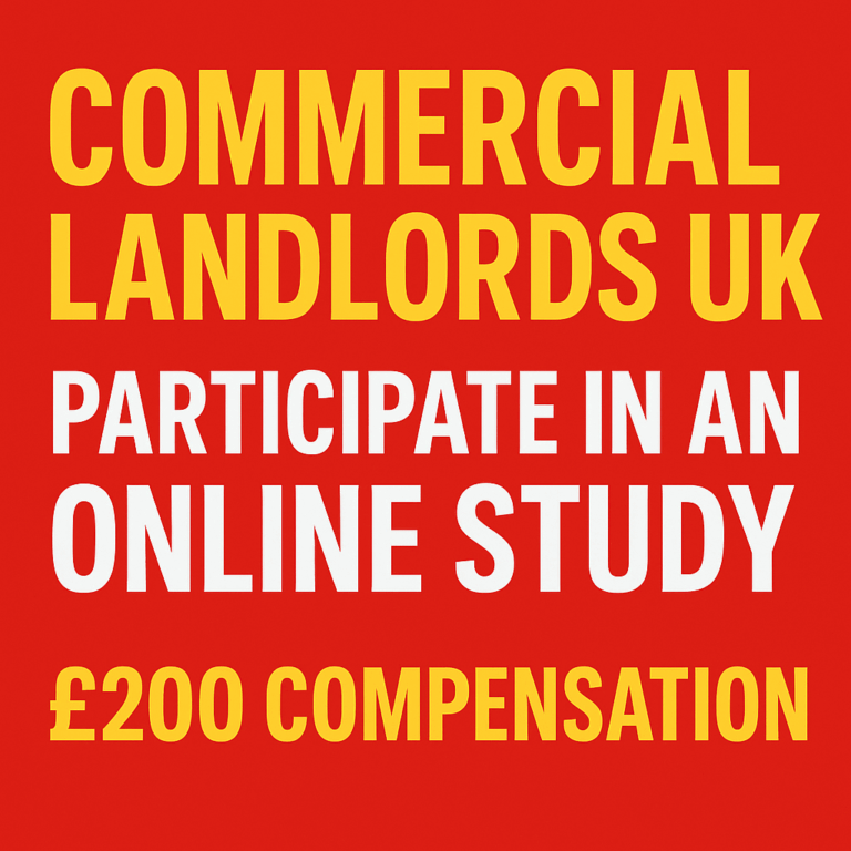 Text saying commercial landlords UK participate in an online study £200 compensation
