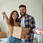 Young couple holding keys in a house with boxes and sign saying first time buyers