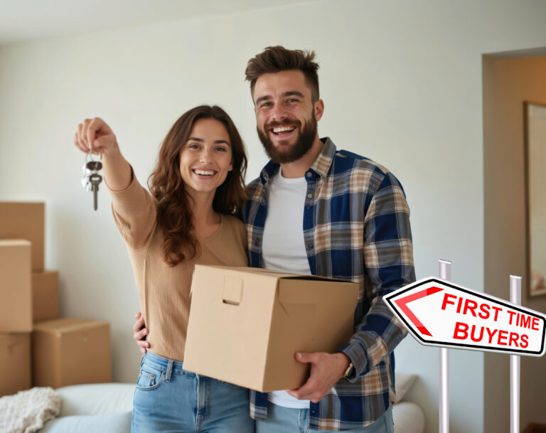 Young couple holding keys in a house with boxes and sign saying first time buyers