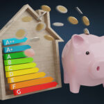 a wooden slice of a house with EPC grades and money flowing from a piggy bank
