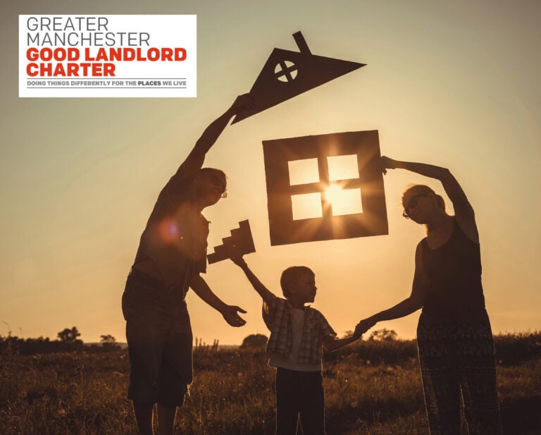 A silhouette family holding a house outline in the sunset with the greater manchester good landlord charter logo