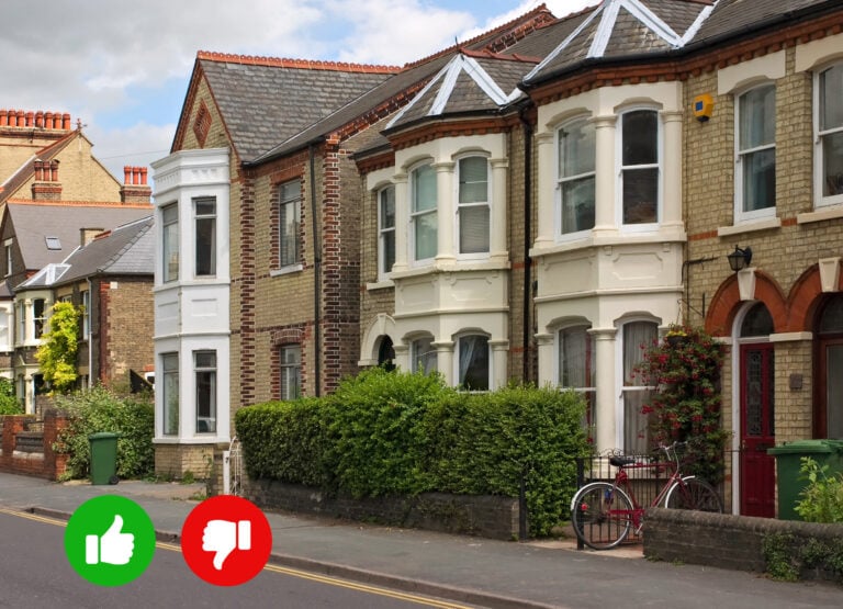 Row of houses that could be HMO flats, with a finger up and down symbol