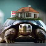 Tortoise and a house on his back with a for sale sign