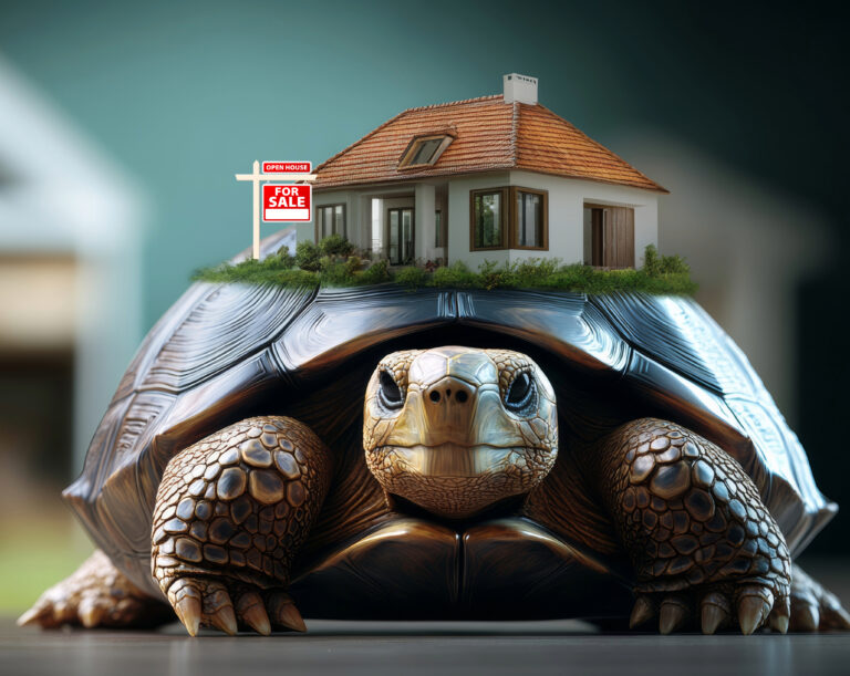 Tortoise and a house on his back with a for sale sign