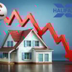 Red arrow pointing down over a house and a British pound sign