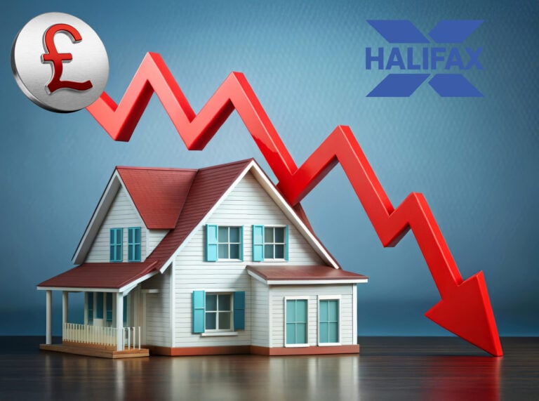 Red arrow pointing down over a house and a British pound sign