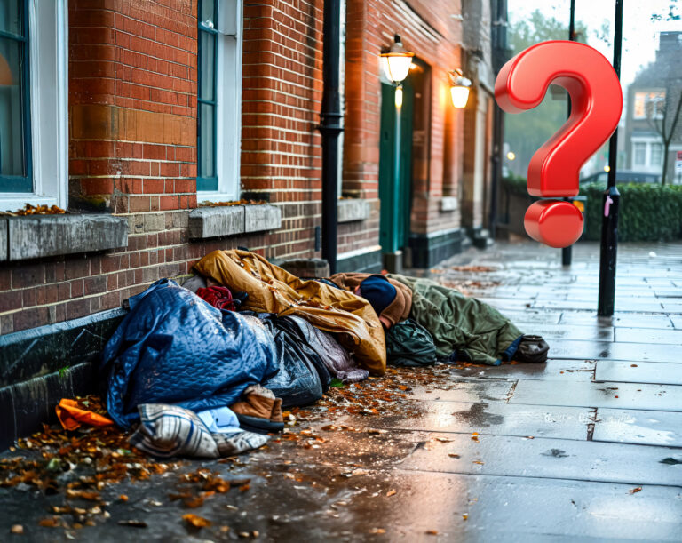 Homeless sleeping outside houses with a question mark