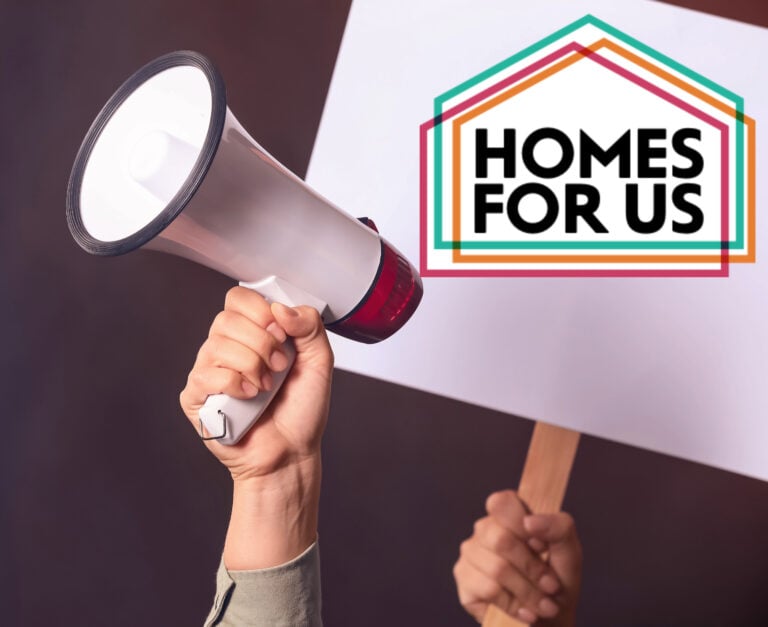 hand holding a megaphone and a protestor board with a homes for us logo