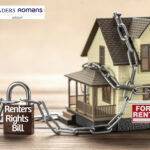 House with a to rent sign chained with a padlock stating Renters Rights Bill