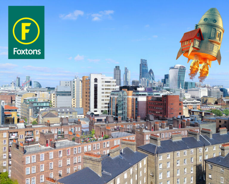 Houses with london in the distance with a house stuck to a soaring rocket in the sky