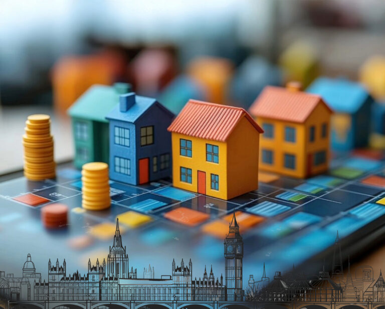 scaled toy houses on a grid with coins and london pencil drawing in foreground
