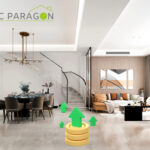 Modern interior of a house showing dining room and lounge with money and up arrows