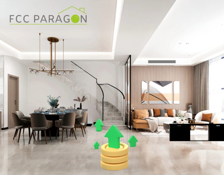 Modern interior of a house showing dining room and lounge with money and up arrows
