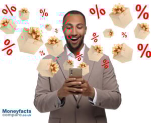 Man with a mobile phone witbh flying presents and percentage signs