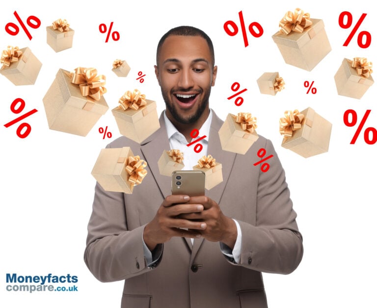 Man with a mobile phone witbh flying presents and percentage signs