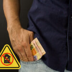Man pocketing money anda hazed sign with a house and a red no entry sign