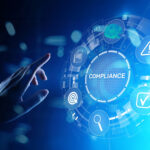 A hand is going to touch a digital screen showing compliance, image of mould, and warning signs on a blue background