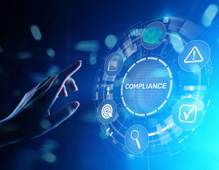 A hand is going to touch a digital screen showing compliance, image of mould, and warning signs on a blue background