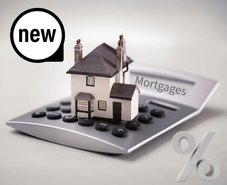 House on a calculator and a percentage sign and a new label