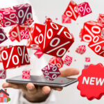 Multiple red dice showing percentage signs coming out of a mobile phone with the text NEW and a image of a red house