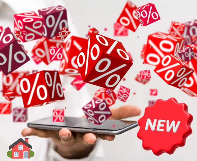 Multiple red dice showing percentage signs coming out of a mobile phone with the text NEW and a image of a red house