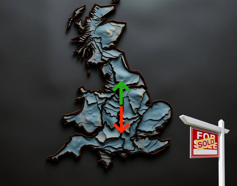 Map of England on black background with arrows pointing north and south and a sold sign