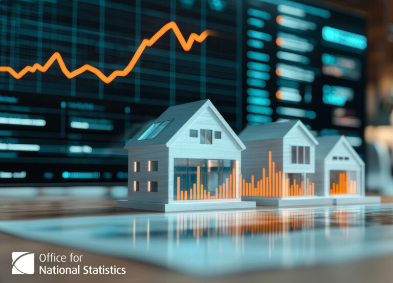 3D houses with a financial graph in the background for rent and house prices from the office of national statistics