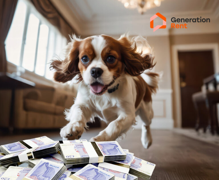 Pet dog running towards UK notes