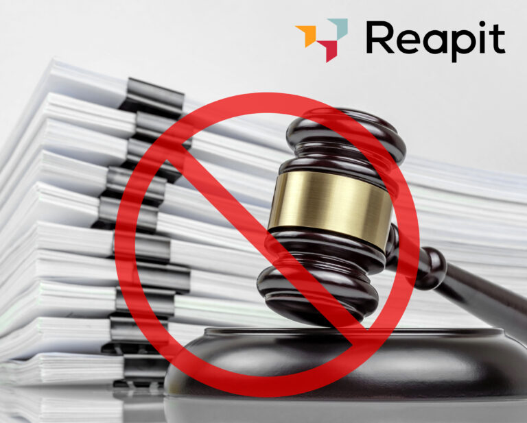 A gavel with red warning circle covering and official papers in the background