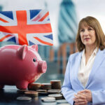 Rachel Reeves, an England flag, UK coins and a piggy money box