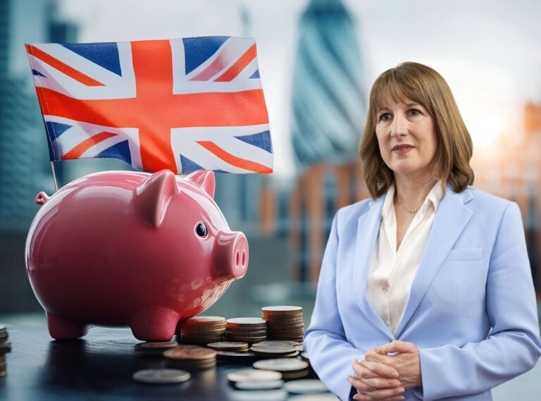 Rachel Reeves, an England flag, UK coins and a piggy money box