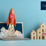 A rocket with a labour government logo shooting up from a laptop with cash and wooden houses nextdoor with a to rent sign