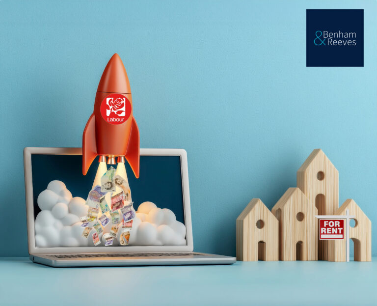 A rocket with a labour government logo shooting up from a laptop with cash and wooden houses nextdoor with a to rent sign