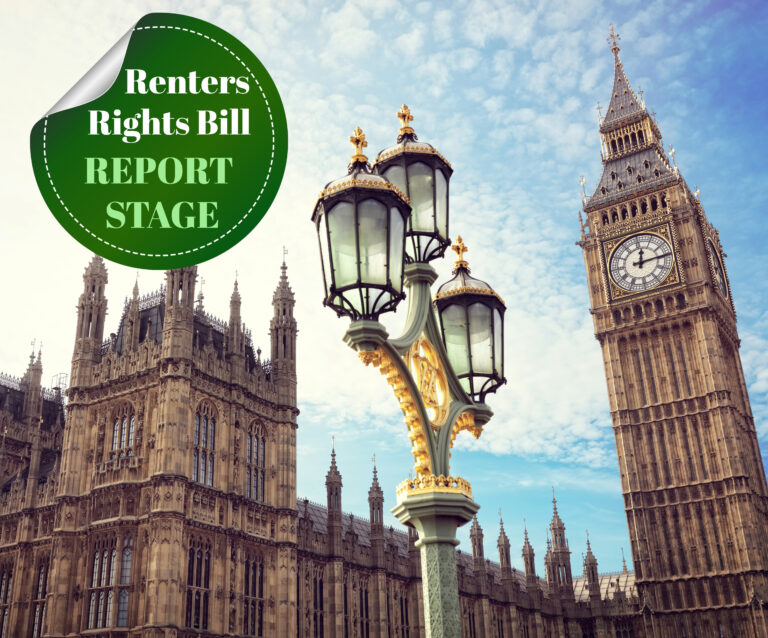 Renters’ Rights Bill sign with Houses of Parliament in the background