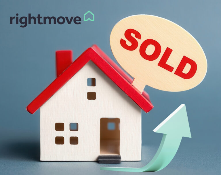 White house with red roof, arrow pointing upwards, sold sign, and Rightmove logo