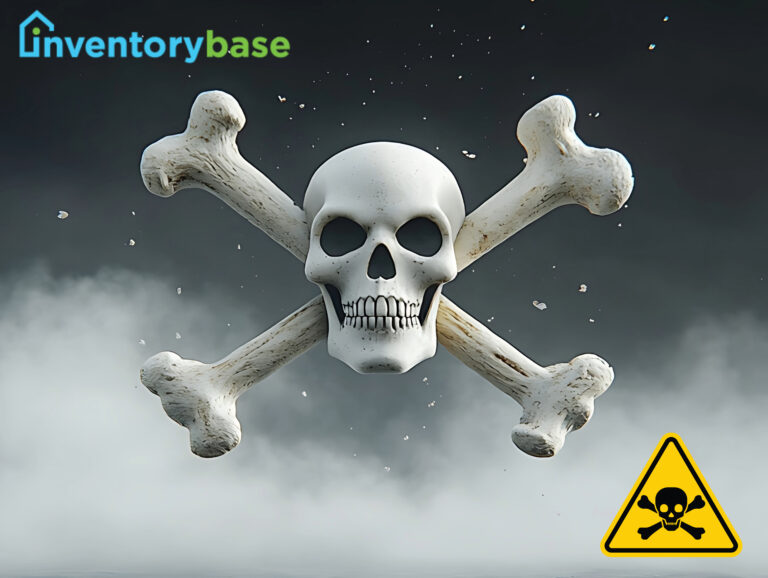 Skull ontop of bones in a X shape with a warning logo