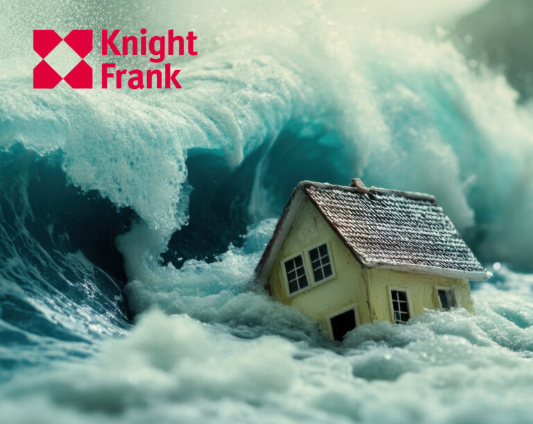 House in the middle of the ocean being hit by ferocious waves
