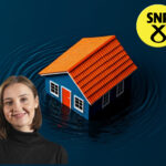 SNP Màiri McAllan next to a house with SNP logo on a dark blue background